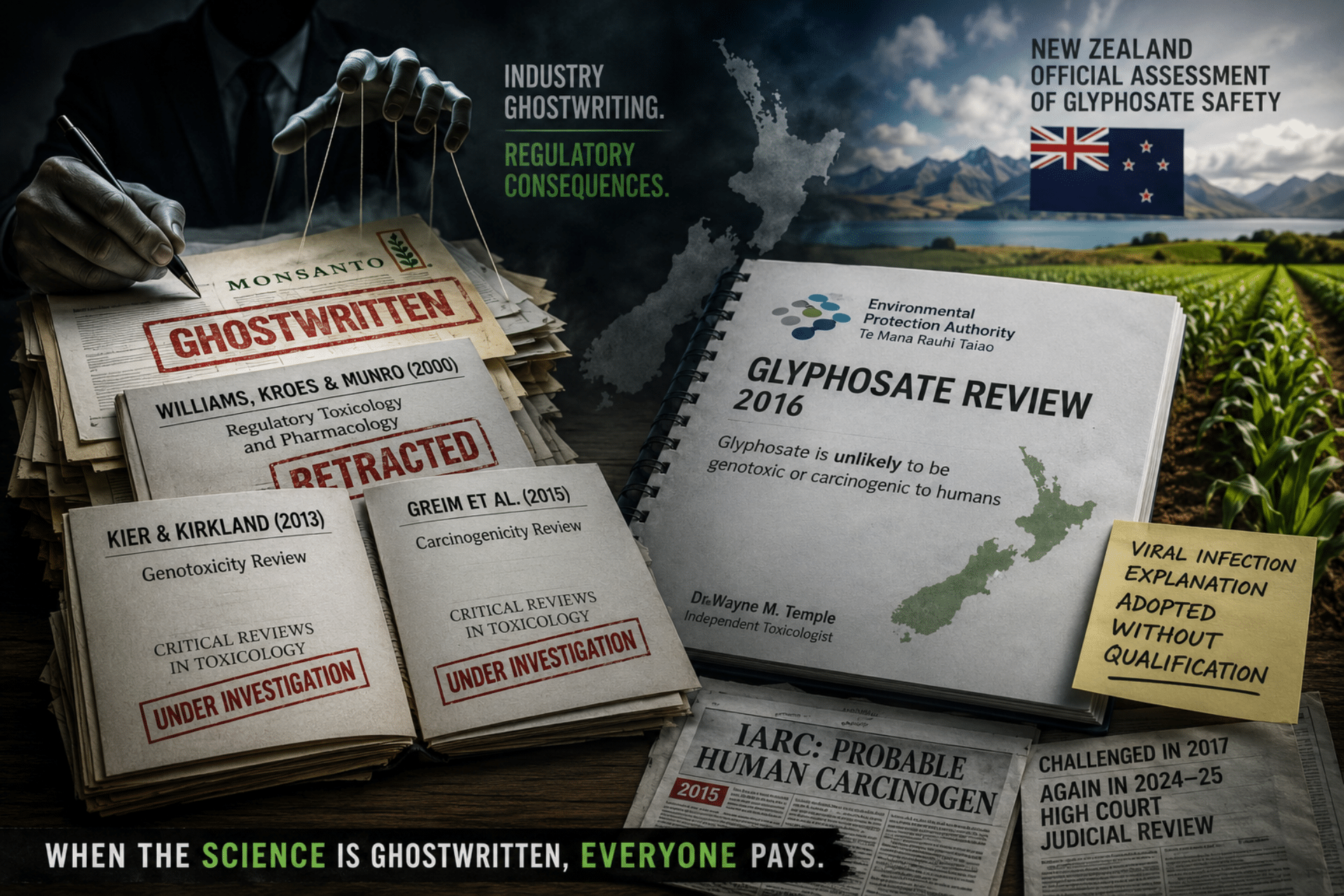 A dramatic editorial illustration showing a stack of scientific papers labelled as ghostwritten, retracted, or under investigation beside a New Zealand glyphosate safety review report. The image symbolises questions about the integrity of scientific evidence used in regulatory decision-making, with documents, research papers, and a New Zealand backdrop representing the influence of disputed industry-linked studies on official glyphosate assessments.