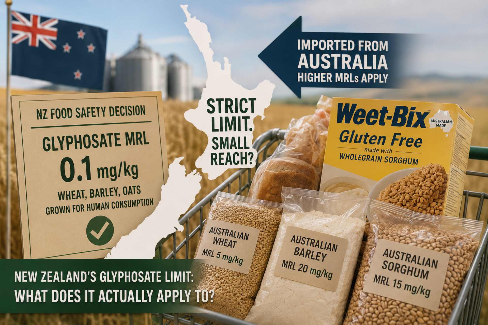 Illustration comparing New Zealand's glyphosate residue limit with imported Australian grain products, highlighting that imported cereals may be regulated under different maximum residue limits.