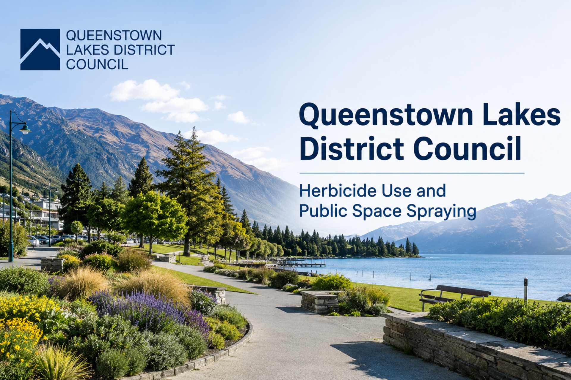 Queenstown Lakes District Council feature image showing a landscaped lakeside public reserve with walking paths, gardens and mountain scenery, alongside the council logo and the title 