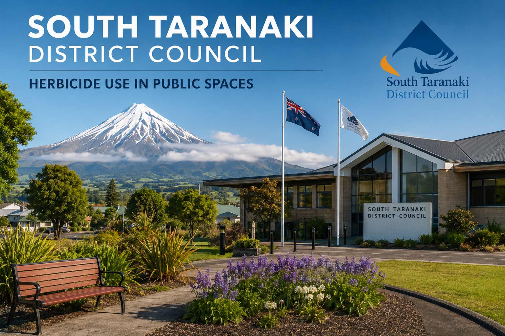 South Taranaki District Council offices with landscaped public gardens and Mount Taranaki in the background, illustrating No More Glyphosate NZ's investigation into council herbicide use, weed management practices, and public space spraying.