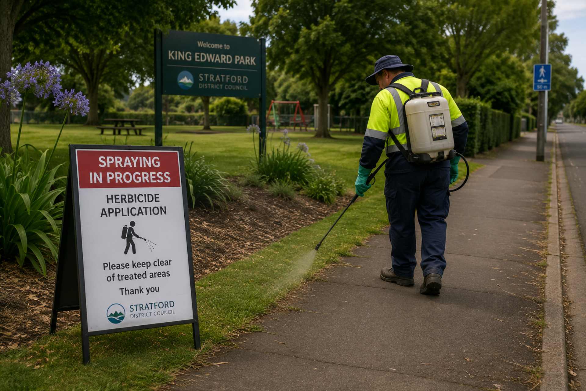 Council contractor undertaking targeted herbicide application beside a public walkway with temporary notification signage in Stratford District.