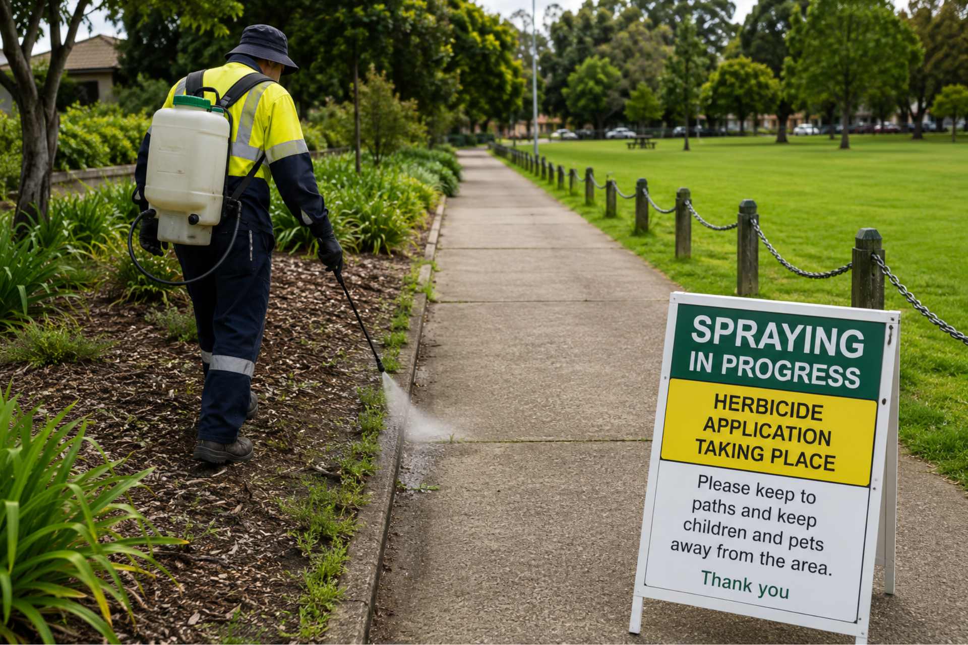 Council contractor applying herbicide with a knapsack sprayer beside a public footpath with temporary spray notification signage.
