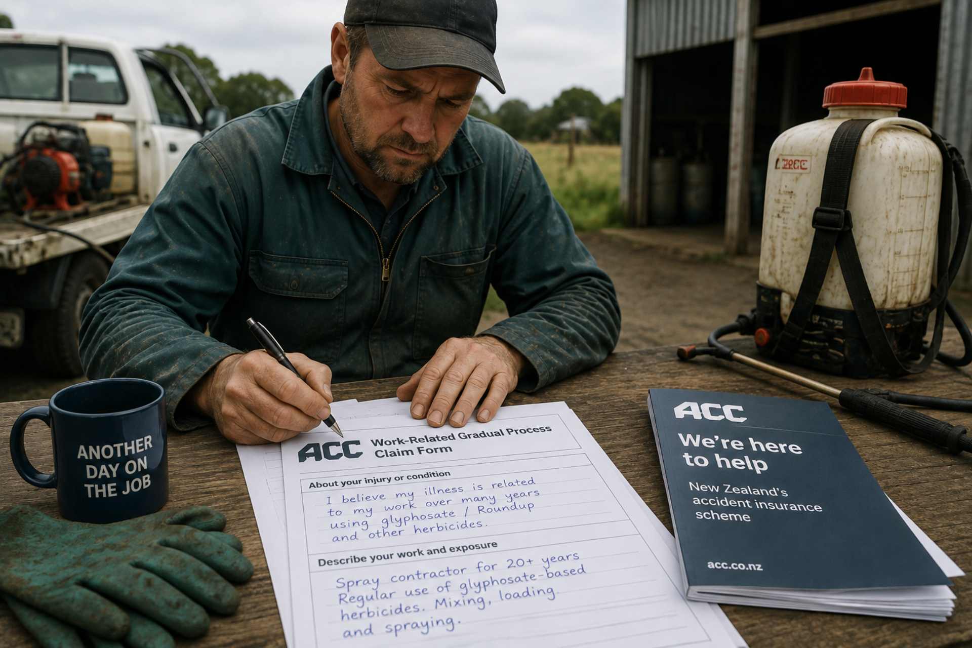 Spray contractor completing an ACC work-related gradual process claim after years of occupational exposure to glyphosate and Roundup.