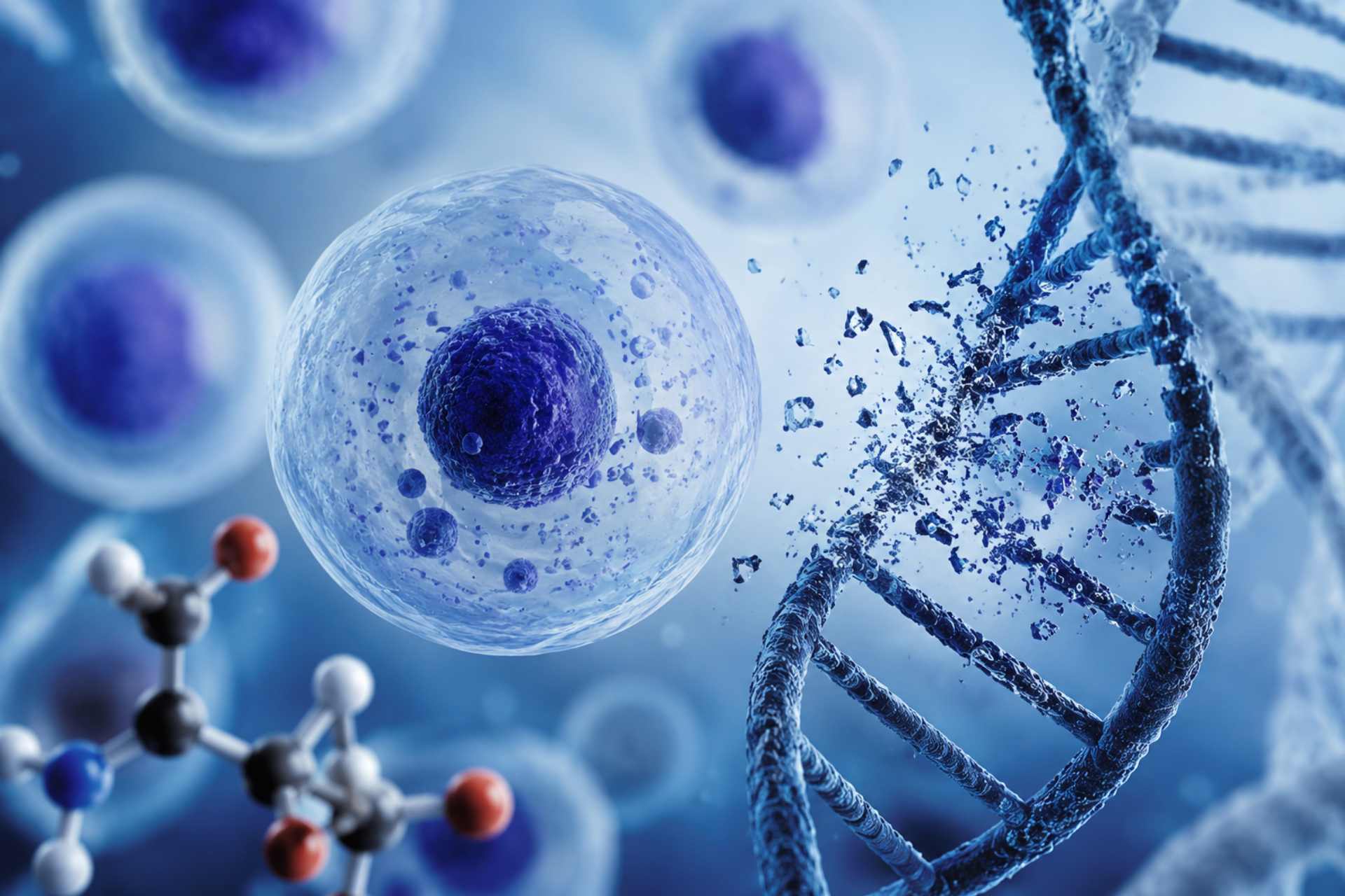 Human intestinal cell beside a damaged DNA strand, illustrating glyphosate-related genotoxicity and chromosome damage studied in human cells.