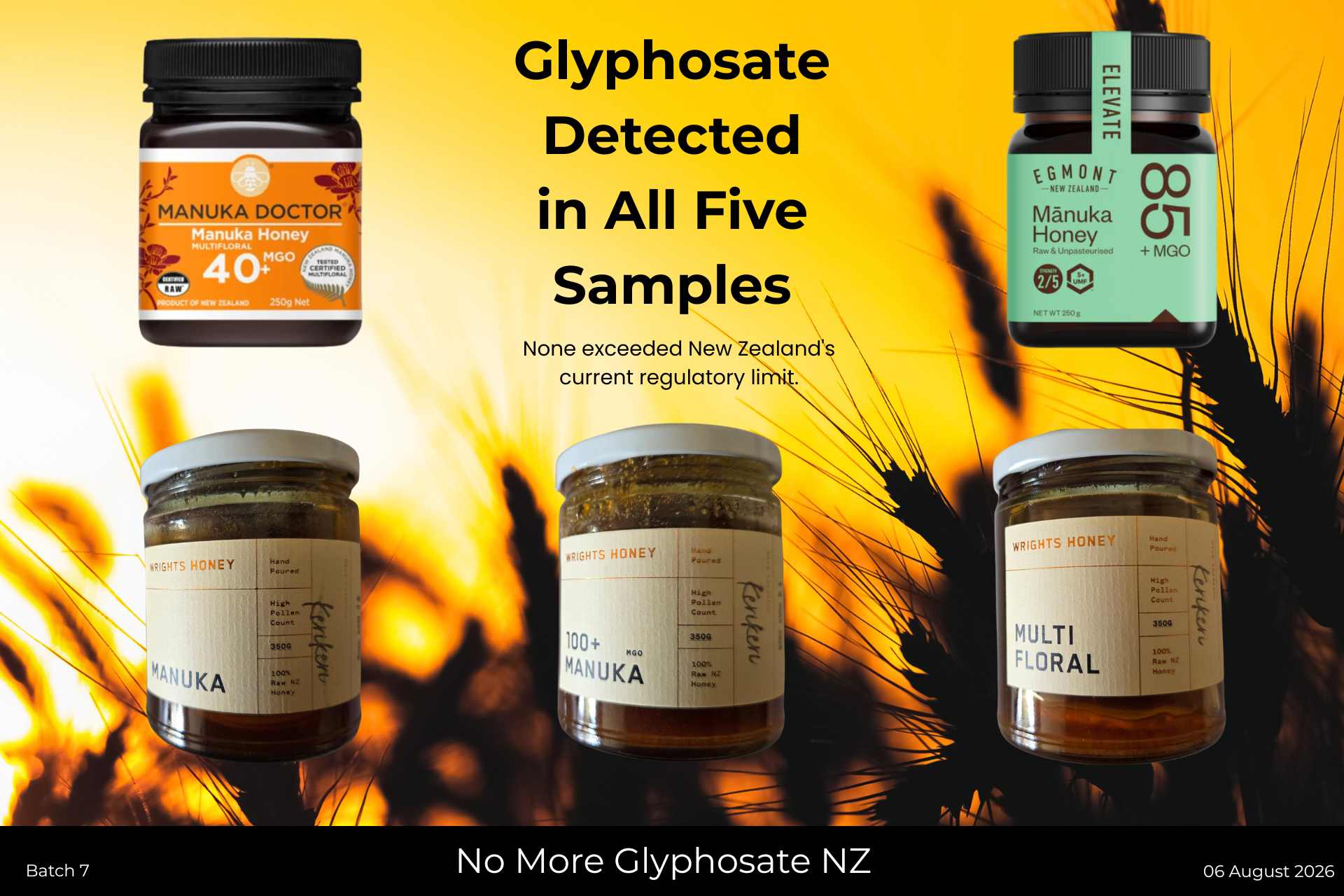 Five retail honey products independently tested by No More Glyphosate NZ as part of Batch 7 glyphosate testing, showing Manuka Doctor, Egmont Mānuka Honey, and three Wrights Honey products.