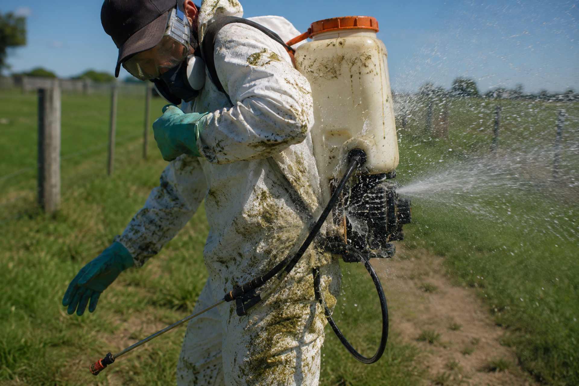 Spray contractor wearing protective equipment as a backpack sprayer malfunctions and leaks chemical spray during work in a rural New Zealand setting.