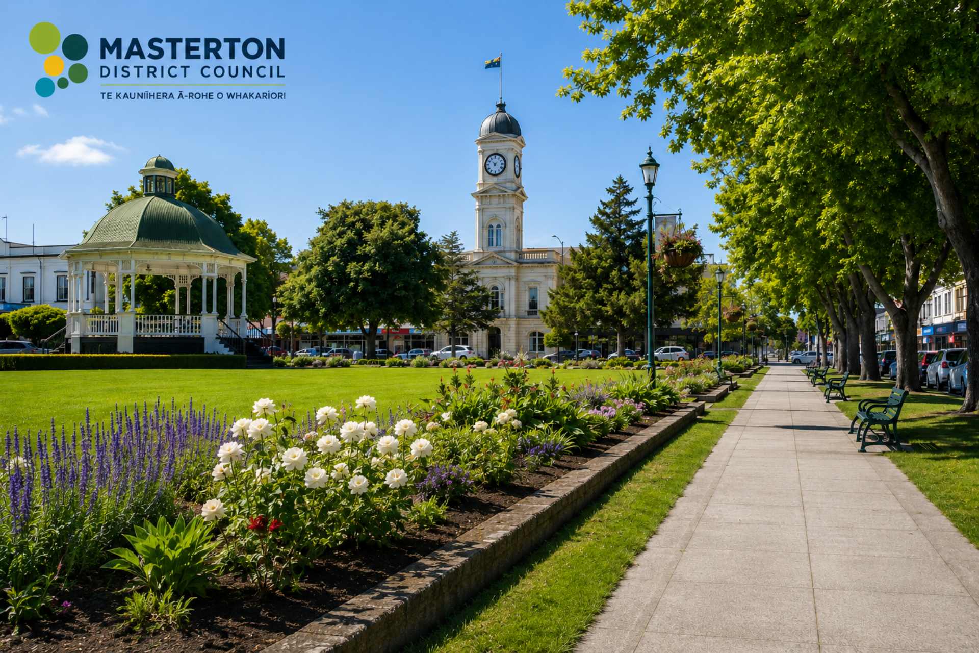 Masterton public park and civic streetscape with Masterton District Council logo, representing herbicide use and public space spraying.
