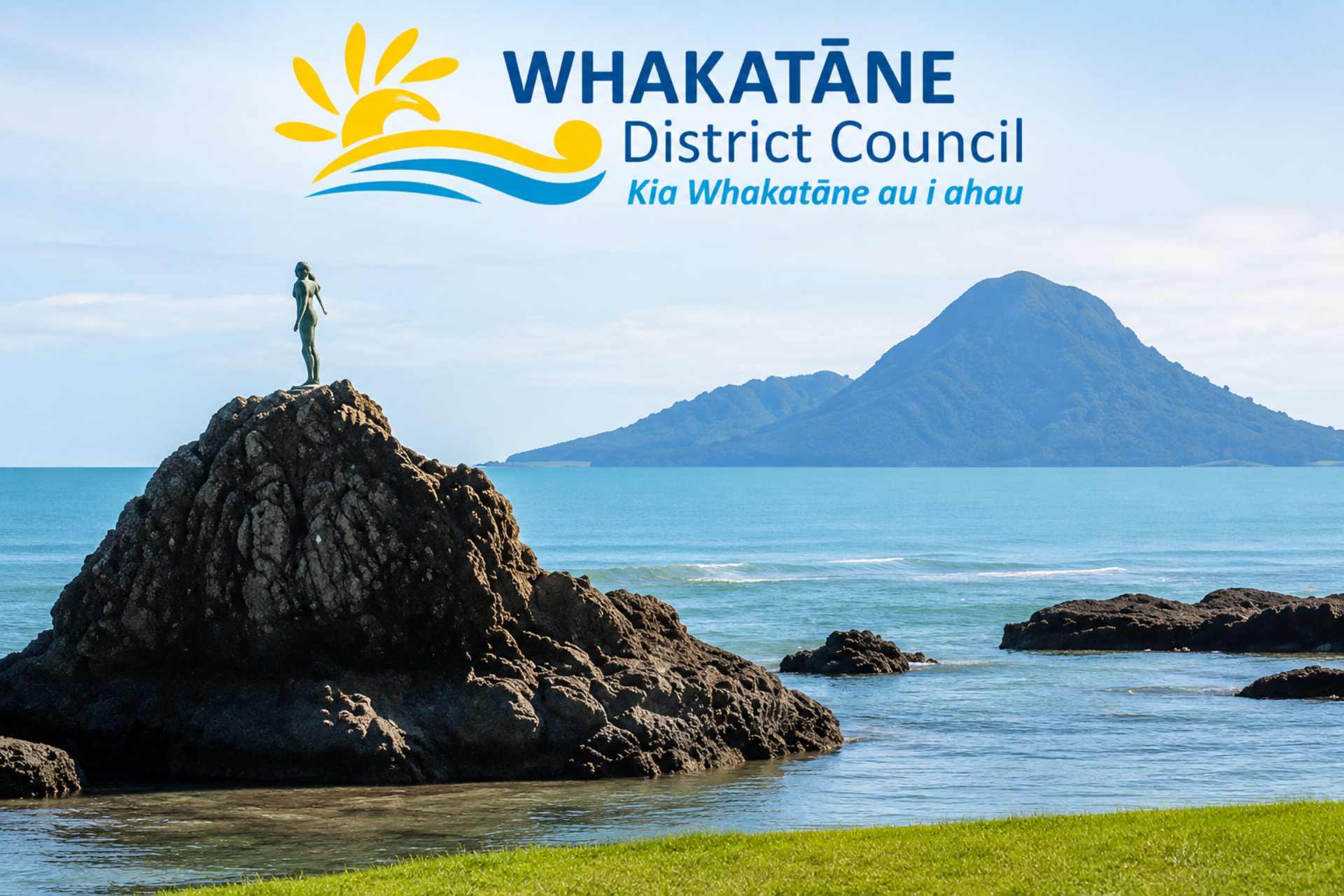 Whakatāne coastline with the Wairaka statue and Whakaari in the distance, featuring the Whakatāne District Council logo.
