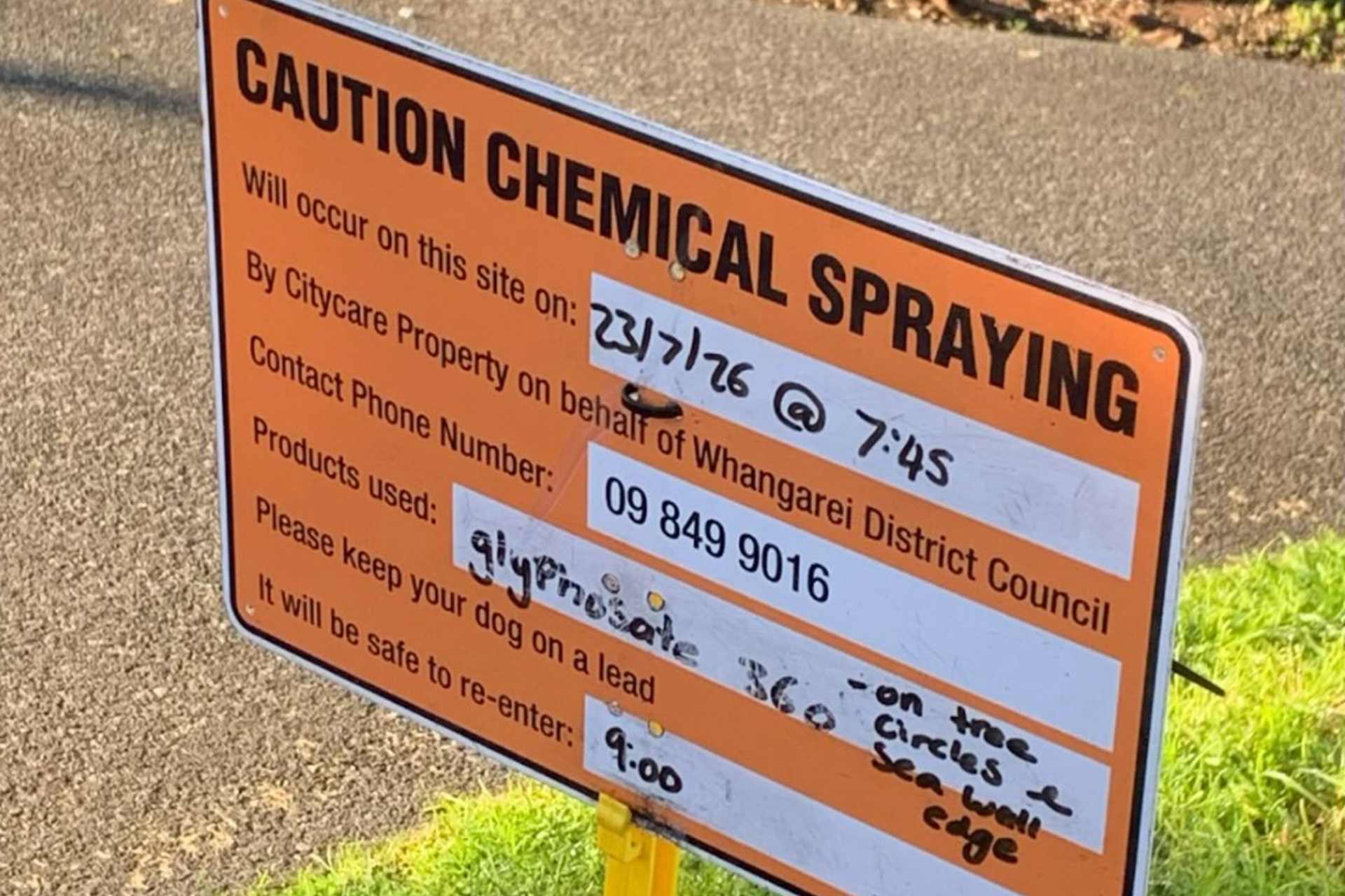 Citycare Property caution chemical spraying sign for Whangārei District Council showing spray date, time and products used.