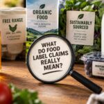 Food products labelled organic, natural, free range, sustainably sourced, locally made and independently tested, with a magnifying glass asking what food label claims really mean.