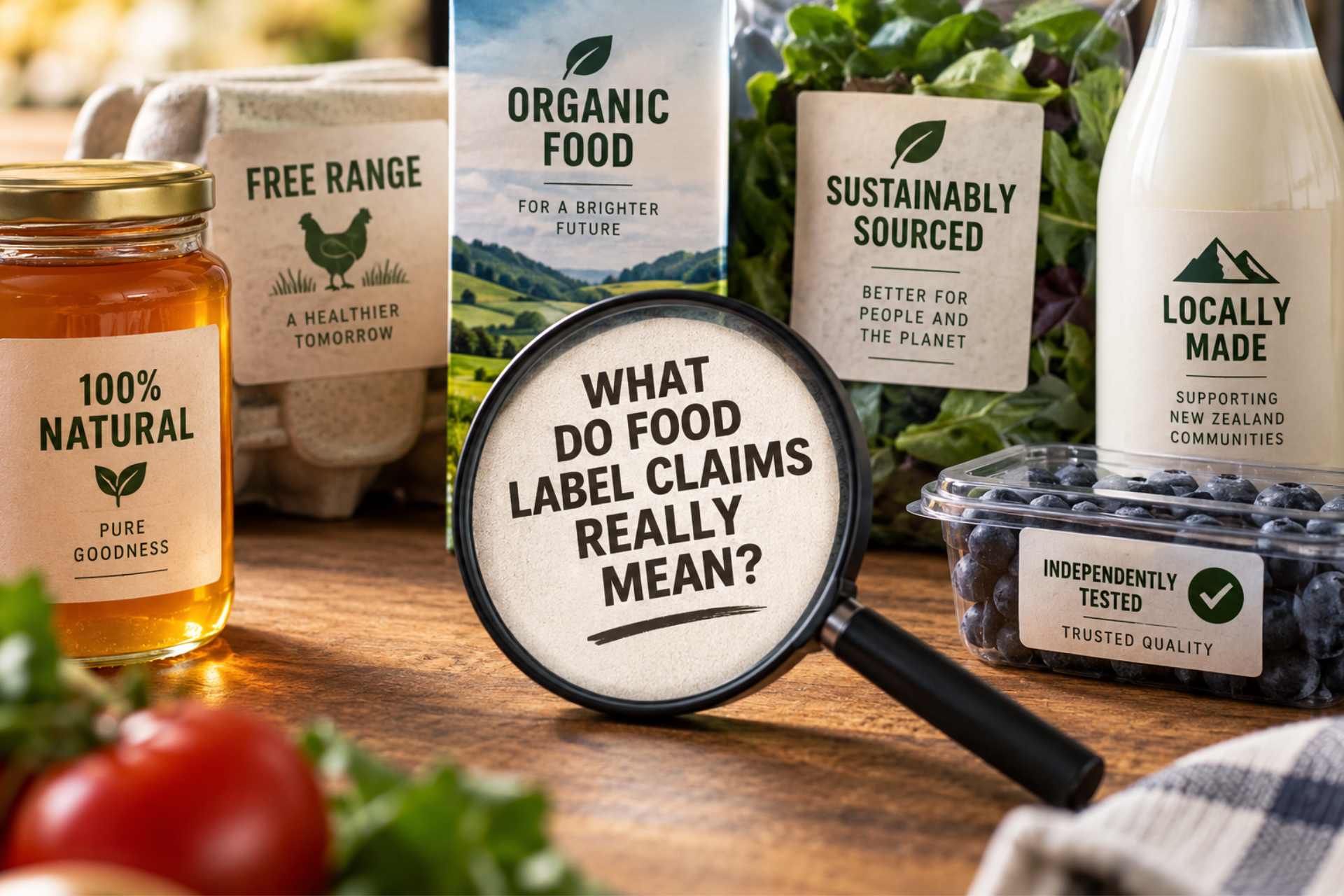 Food products labelled organic, natural, free range, sustainably sourced, locally made and independently tested, with a magnifying glass asking what food label claims really mean.