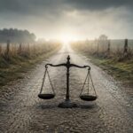Balance scales standing on a rural road leading towards the horizon, symbolising ACC claims and the pursuit of legal review.