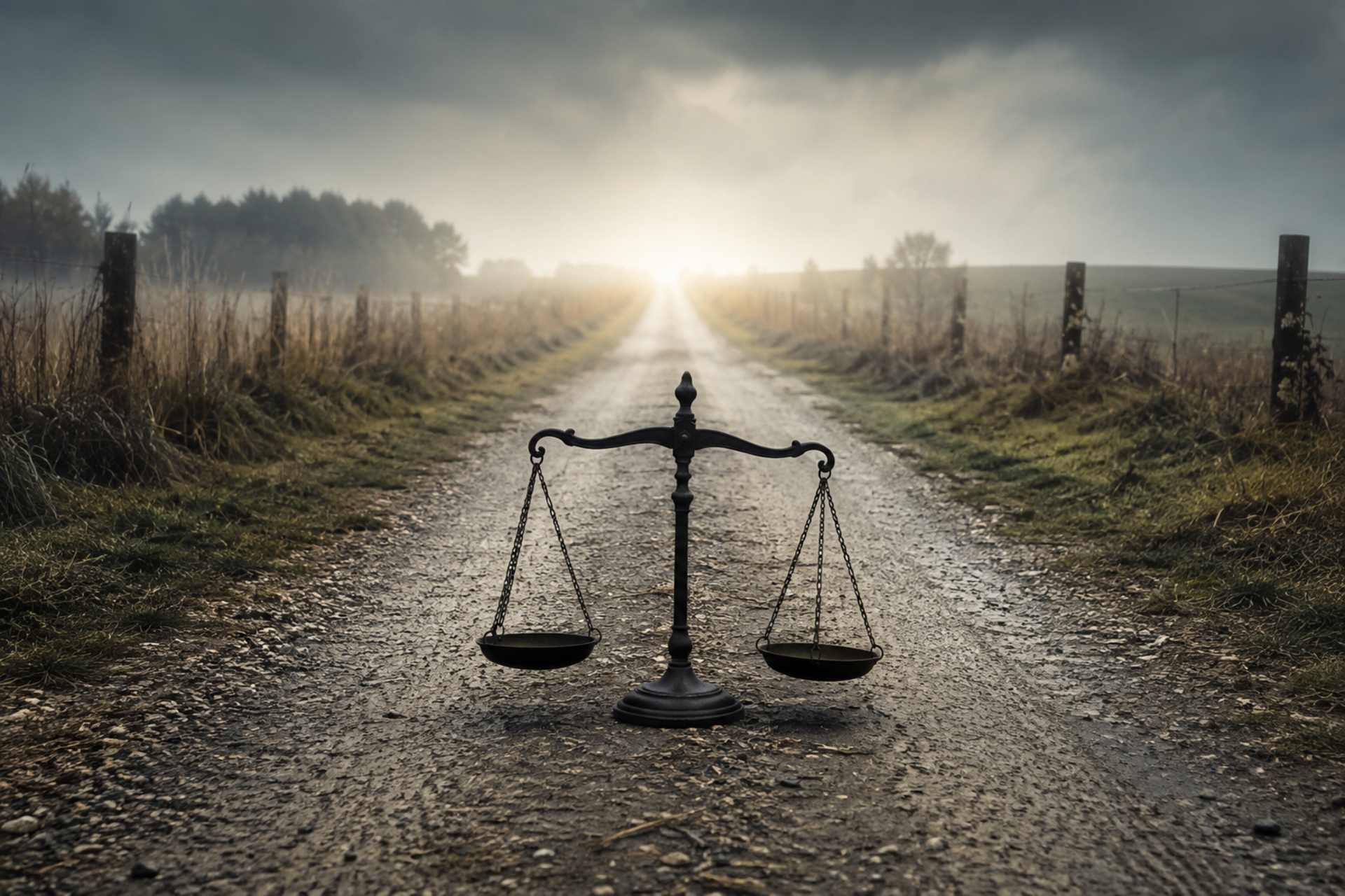 Balance scales standing on a rural road leading towards the horizon, symbolising ACC claims and the pursuit of legal review.