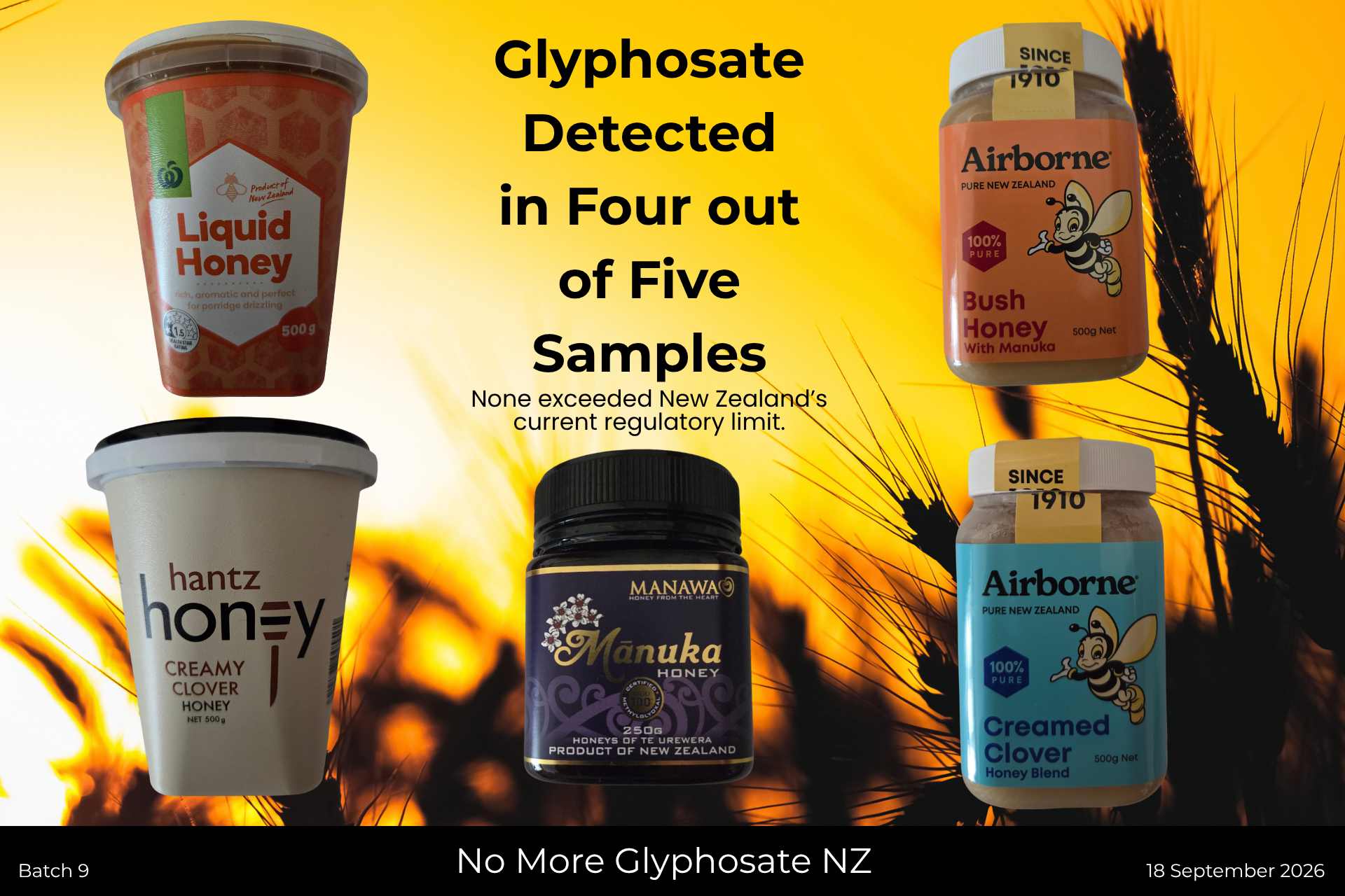 Collage of the five retail honey products independently tested for glyphosate in No More Glyphosate NZ Batch 9.