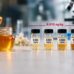 Honey jar beside laboratory samples labelled 0.002, 0.003, 0.0062 and 0.008 mg/kg, illustrating glyphosate testing below 0.010 mg/kg.