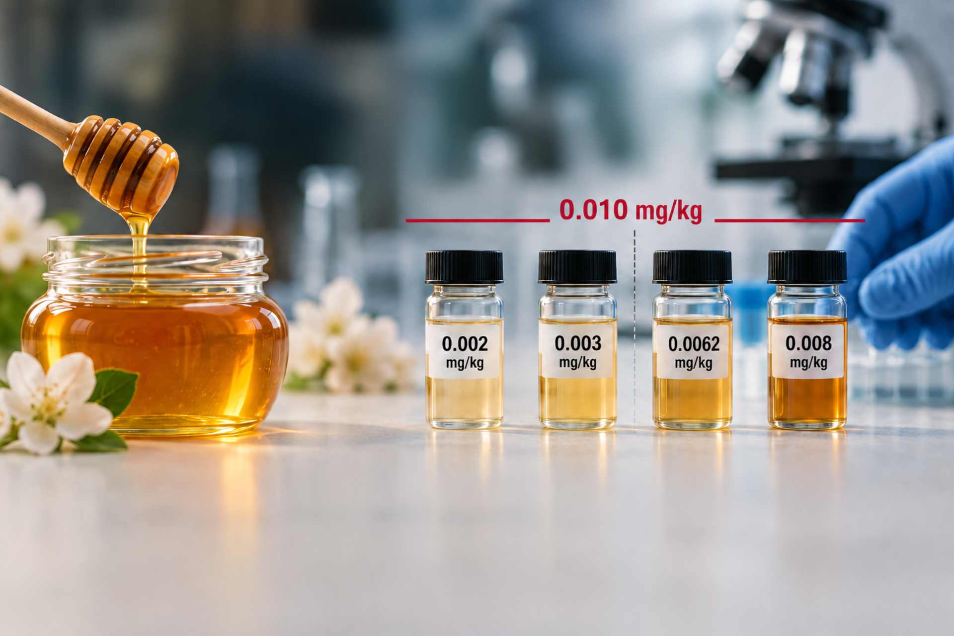 Honey jar beside laboratory samples labelled 0.002, 0.003, 0.0062 and 0.008 mg/kg, illustrating glyphosate testing below 0.010 mg/kg.