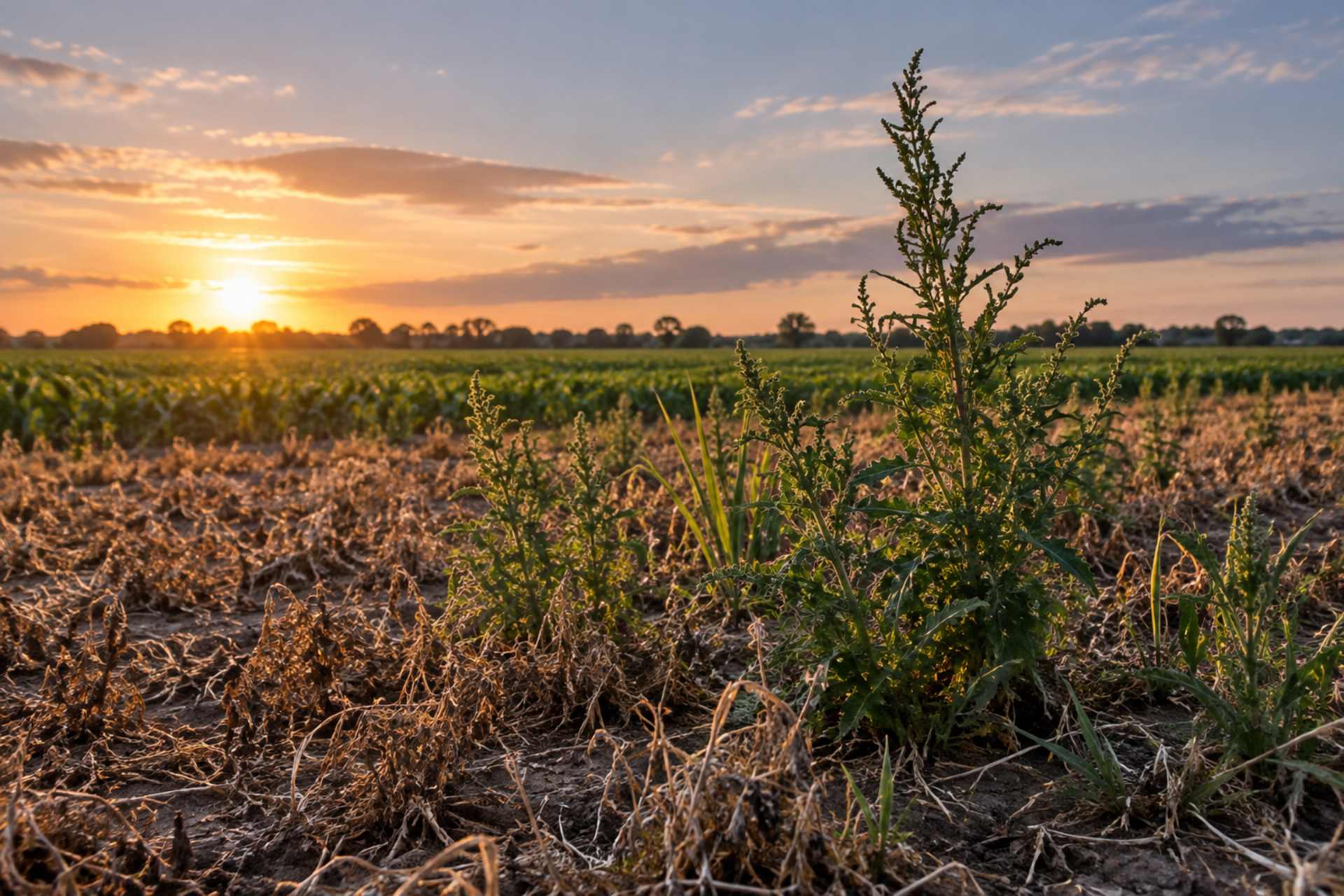 Herbicide-resistant weeds growing among crops, illustrating the challenge of glyphosate resistance and the development of new herbicides such as Icafolin.