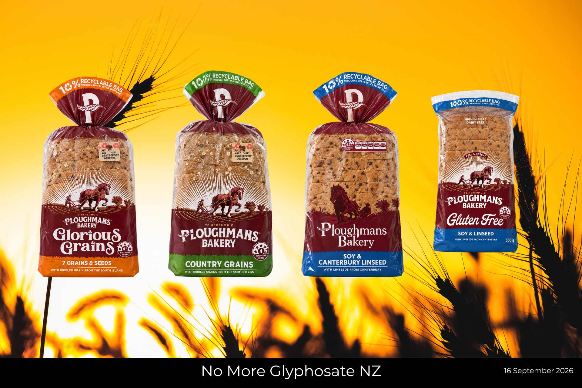 Collage of four Ploughman’s breads independently tested for glyphosate: Soy & Canterbury Linseed, Country Grains, Glorious Grains 7 Grains & Seeds, and Gluten Free Soy & Linseed.