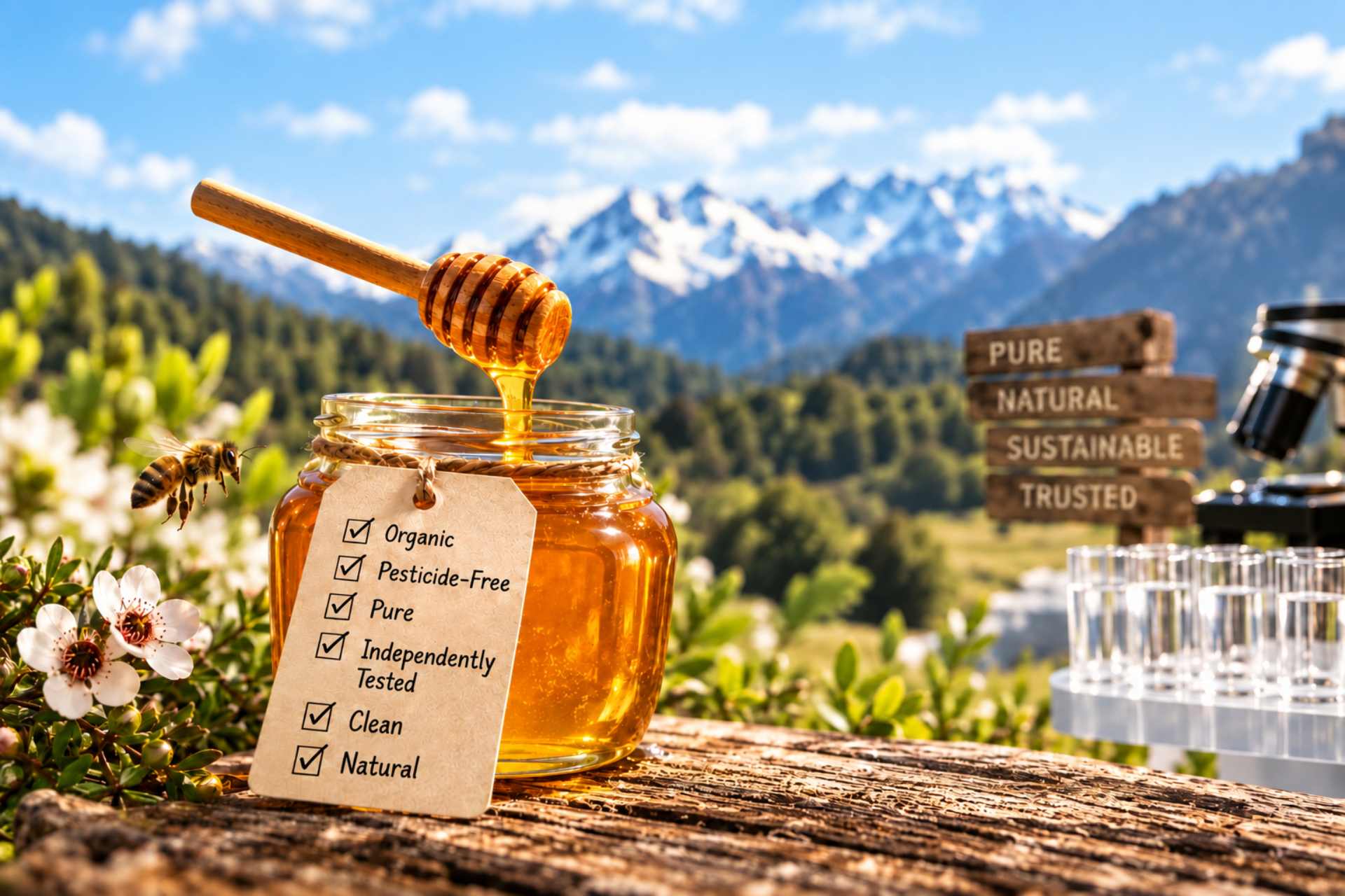 Honey jar surrounded by certification labels and laboratory testing equipment, illustrating what pesticide-free, residue-free and independently tested food claims really mean.